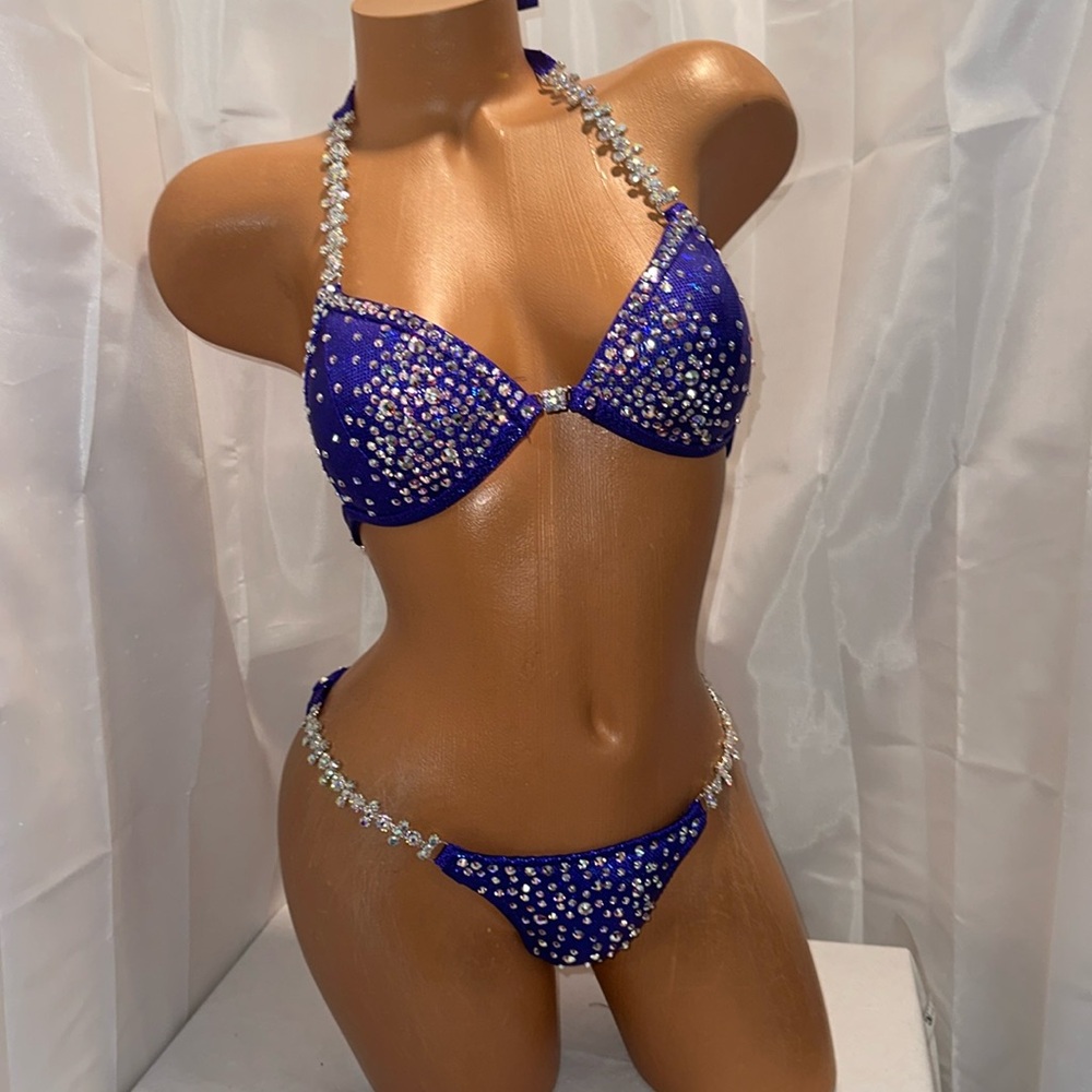 Npc competition bikini violet blue suit A/B crystal handmade34B  cup XS small